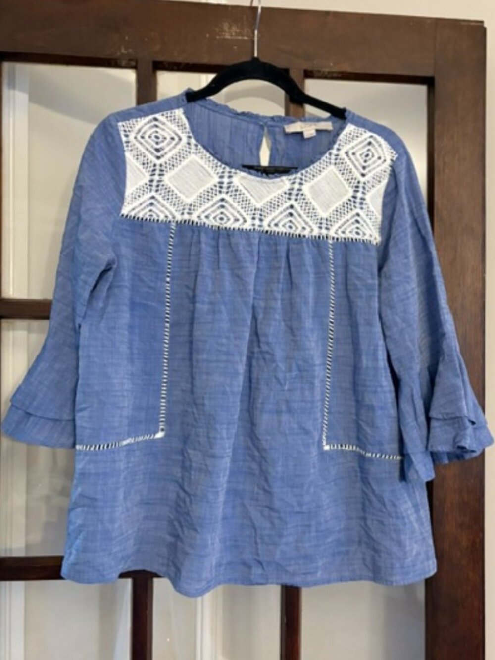 LOFT Blue 3/4 Sleeve Blouse with Embroidery at Collar, Size Medium
